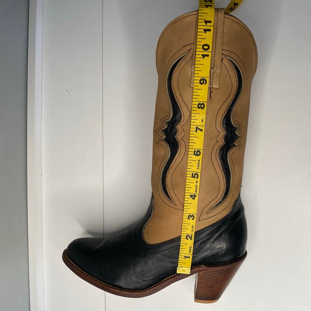 Frye Longhorn Inlay Leather Cowgirl Boots Sz 7.5 Black Tan Leather Vintage - Picture 14 of 16
